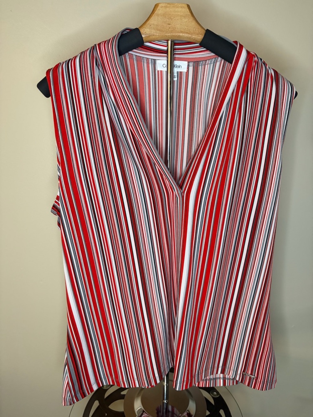 Calvin Klein Red White and Black Striped V-Neck Sleeveless Top